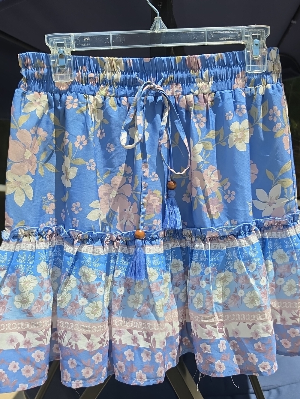 BAEVELY Blue Floral Tiered A-Line Skirt with Tassel Drawstring